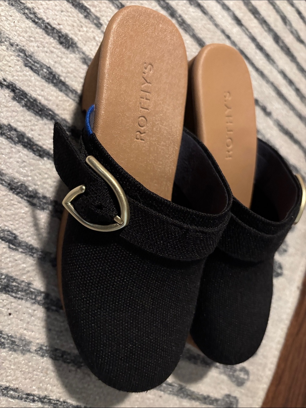 Rothy's Black Knit Slip-On Clog with Gold Buckle